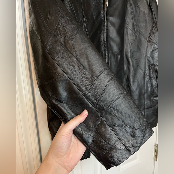 Vintage Flight Path Black Genuine Leather Monochromatic Patchwork Zip Up Jacket - Picture 6 of 9